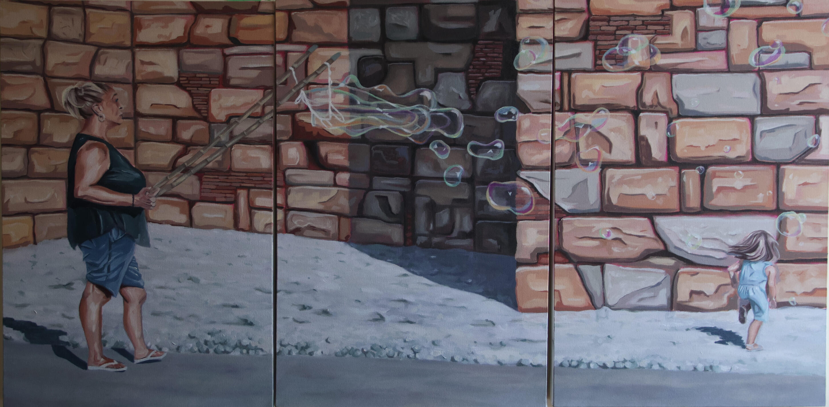 Bubbles, 2026. Oil on stretched canvas. 24 x 48 inches total, of a triptych of 24 x 16 inches.